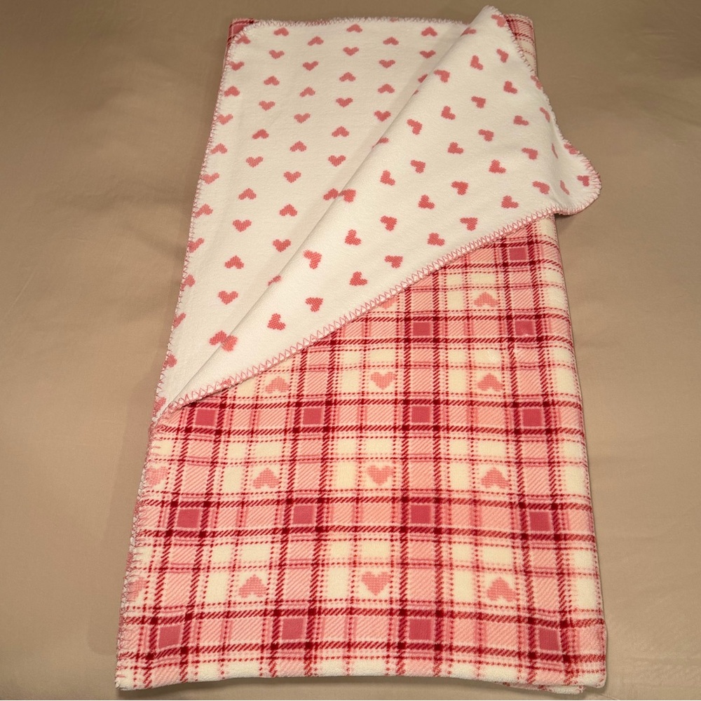 Laura Ashley Pink Heart & Plaid Reversible Fleece Throw Blanket